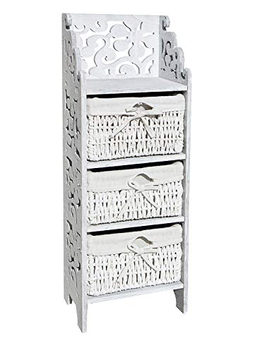 Rebecca Mobili Commode Shabby, Armoire de Rangement 3 Tiroirs Osier, Bois de Pin, Blanc Gris, Chambre Entree – Dimensions: 78 x 28,5 x 22 cm (HxLxL) - Art. RE4296