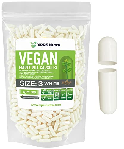 Image of XPRS Nutra Size 3 Empty Capsules - 500 Count Empty Vegan - Vegetarian Pills - DIY Vegetable Capsule Filling - Veggie Pill Caps (White)