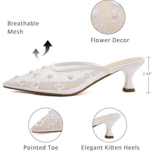 Black Mule Sandals For Women Crystal Flower Decor Low Kitten Heel Mesh Slip on Pointed Closed Toe Pumps Comfort Dress Party Shoes2