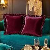 Cobedzy Velvet Throw Pillow Covers Set of 2, Soft Decorative Ruffle Cushion Cases for Couch Sofa Bedroom, 18 x 18 Inches, Red