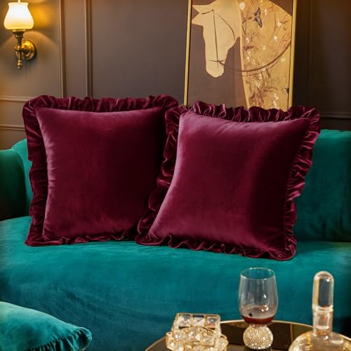 Cobedzy Velvet Throw Pillow Covers Set of 2, Soft Decorative Ruffle Cushion Cases for Couch Sofa Bedroom, 18 x 18 Inches, Red