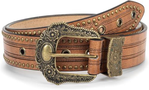 Women Vintage Carved-Buckle Western-Leather-Belts - Cowboy Cowgirl Rivet-Belt for Jeans Pants Dresses