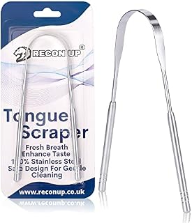 RECON UP Tongue Scraper 100% Stainless Steel, Tongue Cleaner U Shape Fresh Breath Care Scraper, Bacteria Inhibiting Non-Synthetic Grip Tongue Cleaning Tool Pack of 1