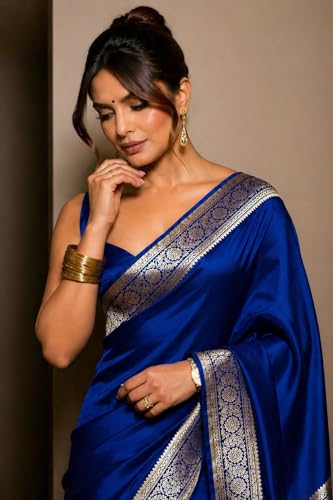 Image of Women's Glory Womens Satin Saree with Silver Woven Border | Elegant Plain Glossy Silk Saree for Party, Wedding, Reception & Festive Style with Unstitched Blouse Piece
