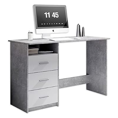 ADRIA Schreibtisch mit Schubladen in Beton Optik, Weiß - Praktischer Bürotisch Computertisch mit großer Arbeitsfläche - 120 x 76 x 50 cm (B/H/T)