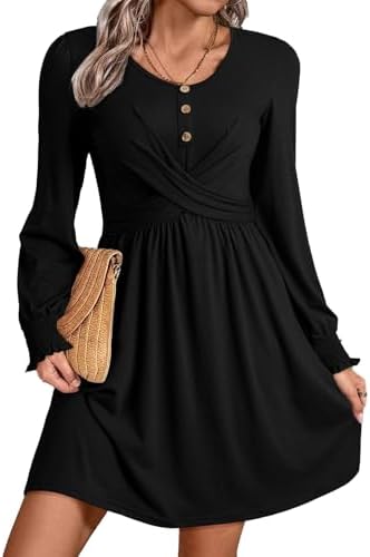 Acelitt Women's Fall Dresses 2025 Beach Casual Long Sleeve Loose Sundress Flowy Babydoll Mini Dress