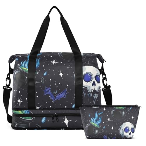 ALAZA Sports Duffel Bags with Toiletry Bag Set,Bat Skeleton Pattern Travel Duffel Bags Multi Pockets Weekend Bag