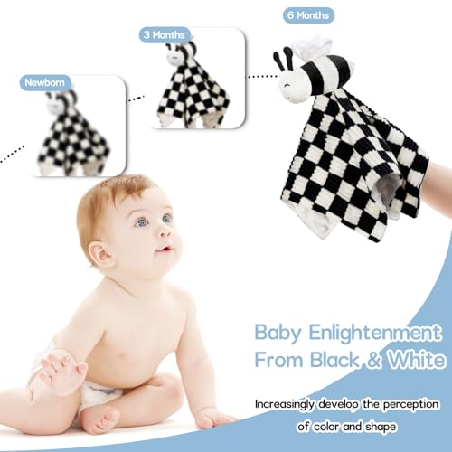 Image of High Contrast Bee Baby Security Blanket for Boys Girls 14 Inch | Super Soft 3D Checkerboard Gingham with Minky Dot Fabric Backing Snuggle Stuffed Animal Shower Gift Black