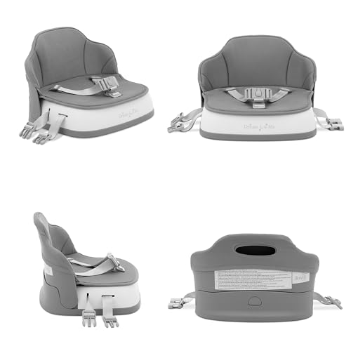 Image of Dream On Me Cozy Pod Baby Booster Seat for 6-36 Months, Portable Travel Booster Chair with 3-Point Safety Harness & 2 Fixing Belts, for Table & Dining, Lightweight Foldable & Easy to Carry - Gray