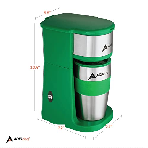 Adirchef Single Serve Mini Travel Coffee Maker & 15 Oz. Travel Mug Coffee Tumbler & Reusable Filter For Home, Office, Camping, Portable Small And Compact (Green) #TOP3