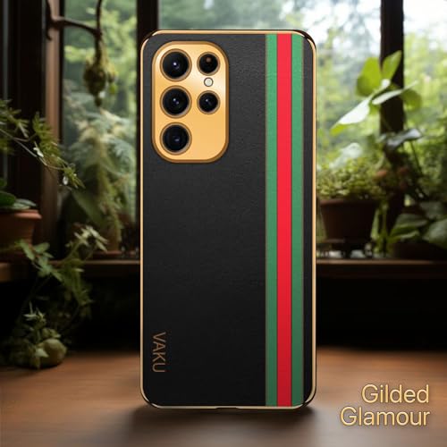 Image of Vaku Luxos Felix Line Back Cover for Samsung Galaxy S22 Ultra 5G with Leather Pattern Gold Electroplated Soft TPU Cover Shockproof Protective Case - Black