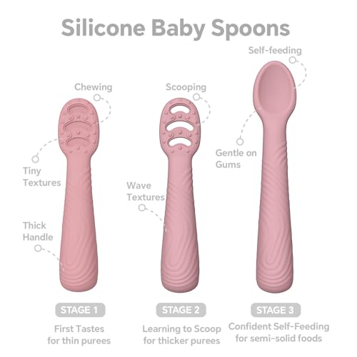 Baby Spoons Self-Feeding 6+ Months, 6 Pack Silicone Training Spoon Set for Baby Led Weaning, 3-Stage & Easy Grip First Utensils for Toddlers Learning Eating Essentials, Dishwasher Safe (Pink Rose) — view 2