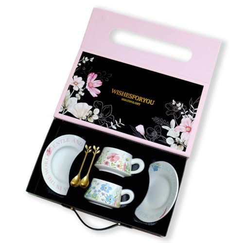 HBLEDOT Tea Cup Set with 2 Cups & Saucers, 9.5 OZ Espresso Coffee Mugs