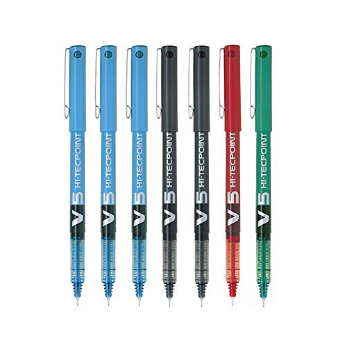 Pack de 7 bolígrafos Pilot V5 3 azul, 2 negros, 1 verde y 1 rojo