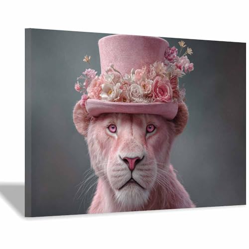 Lion peinture murale sur toile rose 40x60cm encadrée pour déco bureau