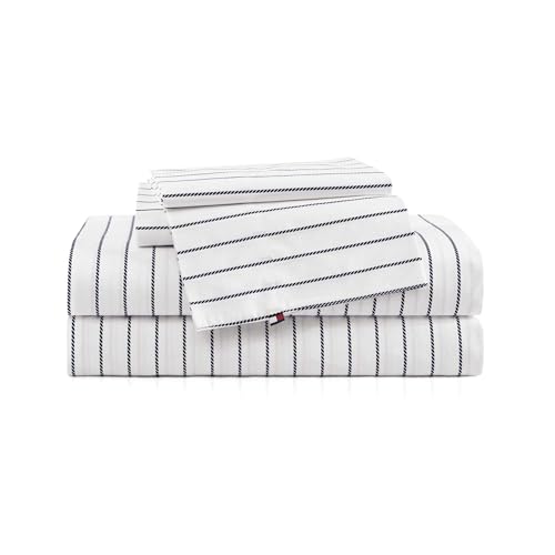 Image of Tommy Hilfiger - King Bed Sheets, Crisp & Cool Cotton Percale Bedding with Matching Pillowcases, Lightweight Bed Set, Oeko-Tex Certified (Rope Stripe Blue)
