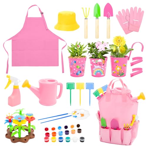 deAO Gartengeräte für Kinder, Kinder Outdoor DIY Gartenwerkzeug Spielset mit Gießkanne, Gartenschaufel, Sprühflasche, Rechen, Pflanzenetiketten, Handschuhe, Schürze für Kind 3 4 5 6 | Rosa