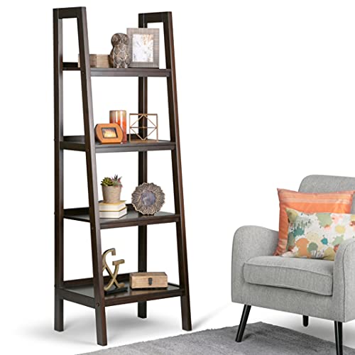 Image of SIMPLIHOME Sawhorse SOLID WOOD 72 inch x 24 inch Modern Industrial Ladder Shelf in Dark Chestnut Brown for the Living Room, Study Room and Office