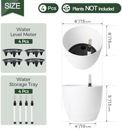 T4U 15CM Self Watering Plant Pots, Plastic Plant Pots Pack of 4, Self Watering Planter with Water Level Indicator, White Plant Pots Indoor Outdoor, Indoor Plant Pots for House Plants Flower Herb