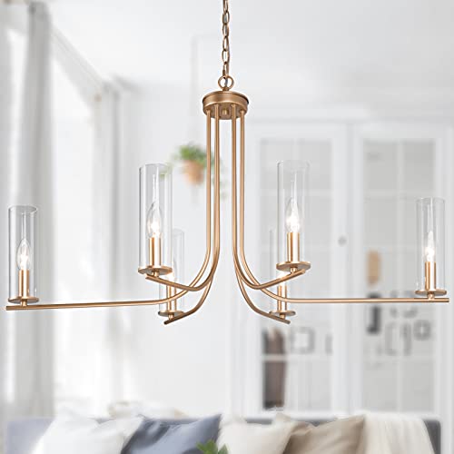 Durent Lighting Gold Chandelier Light Fixture, Modern 6-Light Candelabra Chandelier with Clear Glass Shades, 36”Wx21”H Large Ceiling Hanging Light for Dining & Living Room, Bedroom, Kitchen Island