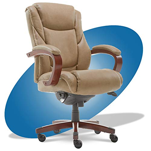 La-Z-Boy Miramar Executive Office Chair with Memory Foam Cushions, Brown Wooden Arms and Base, Beige