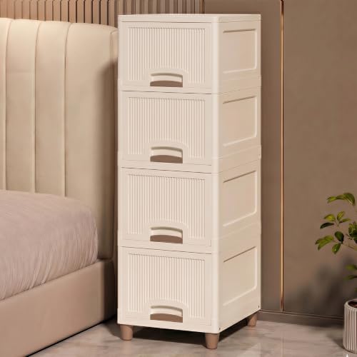 Image of Foldable Plastic Wardrobe Organizer for Clothes | 4 Tier Stackable Storage Cabinet | Multipurpose Closet Organizer for Bedroom Living Room | Space Saving Plastic Cupboard Rack (Ivory)