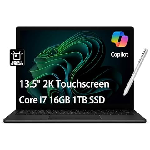 Microsoft Surface Laptop 5 Laptop (13.5" 2K Touchscreen, Intel 10-Core i7-1265U, 16GB LPDDR5X, 1TB SSD), IST Active Pen, 18-Hr Battery Life, Backlit, Wi-Fi 6, Webcam, Win 11 Pro w/AI Copilot, Black Cover
