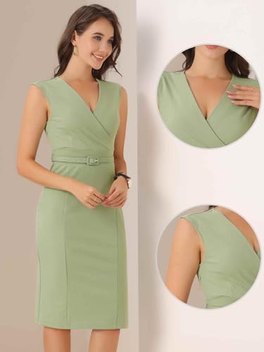 Image of Allegra K Sheath Dress for Women's Wrap V Neck Business Office Belt Sleeveless Pencil Dress