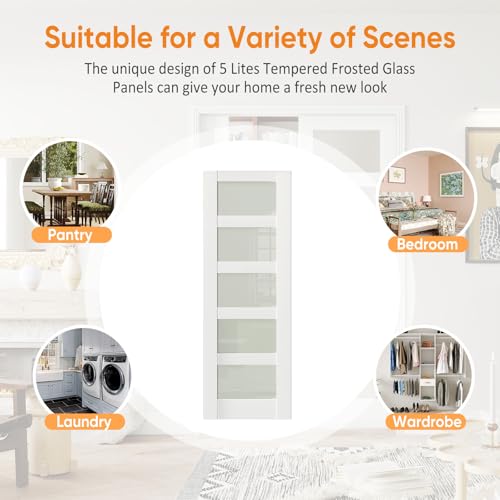 Image of 32 inch x 80 inch Interior Door, 5 Lite Tempered Frosted Glass Panel Pantry Door for Bedroom, Single Pre-drilled Holes Slab French Door, White Primed, Assembly Required (Hinges Not Included)