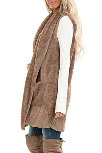 Reachme Womens Sleeveless Sherpa Vest With Pockets Lapel Open Front Fleece Cardigan Sweater Fuzzy Jacket Coat(01 Khaki,Xl) #TOP2