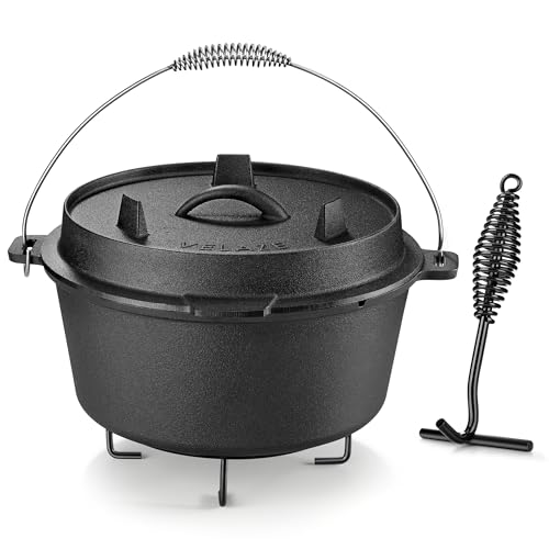 Comparison: Best Dutch Oven For Camping 4 Velaze 10QT Camping Dutch Oven, Pre-Seasoned Cast Iron Camp Dutch Oven Pot with Lid, for Use in the Oven, on the Stove, Grill, or over the Campfire - Metal Handle, Lid Lifter, and Stand Support