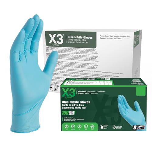 X3 Industrial Blue Nitrile Gloves, Case of 1000, 3 Mil, Size Medium, Latex Free, Powder Free, Textured, Disposable, Non-Sterile, Food Safe, X344100