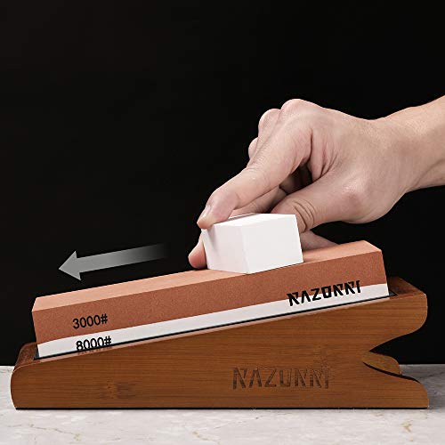 Foto von Razorri Abziehsteine Set, doppelseitig 400/1000 und 3000/8000 Grit Schleifsteine mit Abrichtstein, Winkelführung, Bambusbasis, Lederstreifen, für Metallklinge schärfen und polieren (15° Basis)