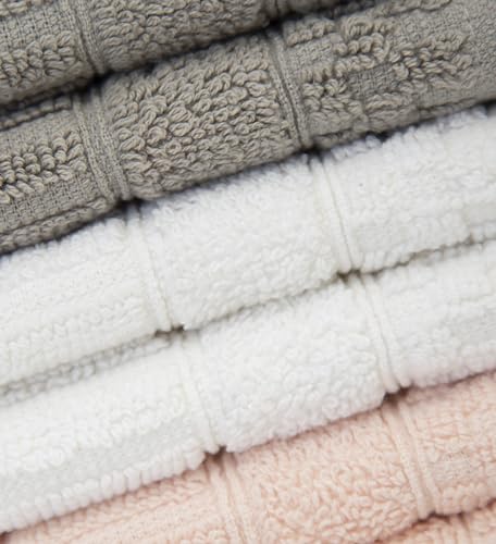 Image of PH Pleasant Home Diamond Wash Cloths Set - 12 Pack (12 inch x 12 inch) - 509 GSM - 100% Ring Spun Cotton Wash Cloth - Super Soft and Highly Absorbent Face Towels (Light Grey, White & Pink)