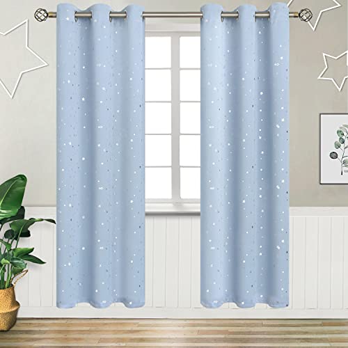 Image of BGment Kids Blackout Curtains for Bedroom - Grommet Thermal Insulated Silver Star Print Room Darkening Curtains for Kids Room, Set of 2 Panels, 38 x 84 Inch, Baby Blue