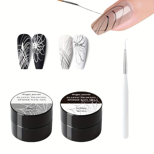 finger secret 5g/0.18oz Spider Gel Kit for Nails Spider Design for Art Wire Drawing Nail Gel for Line with Brushes for Nail Art (White Silvery)