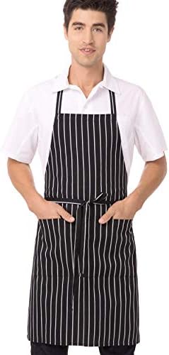 Chef Works CSBA-BCS Chalk Stripe Bib Apron with Pockets, 34-1/4-Inch Length by 27-Inch Width, Black/White
