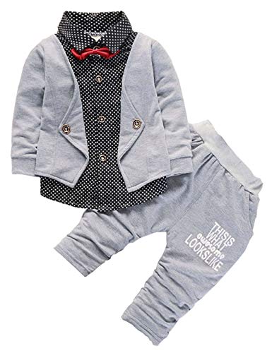Baby Boys Clothing Set Infant Formal Suits Long Sleeve Children Flower T Shirt Pants Kids Toddler Tops Outfits (Gray, 2T-3T)