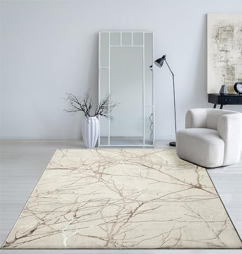 Mia's Teppiche Cielo Tapis Moderne à Poils Courts, Salon, Chambre à Coucher, Brillance Élégante, Fibre Brillante, Effet Haut-Bas, Plume,Crème,140 x 200 cm
