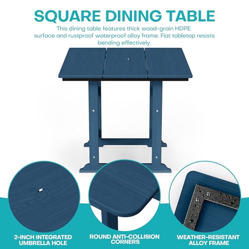 Image of 5 Piece Patio Dining Set, HDPE All-Weather Furniture with 4 Chairs & 1 Square Table, for Backyard, Garden, Navy Blue