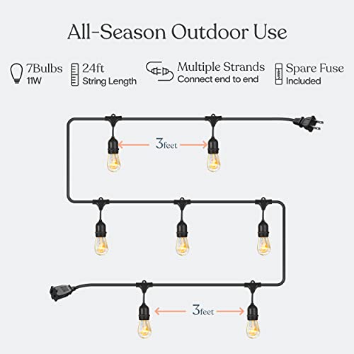 Brightech Ambience Pro Incandescent Outdoor String Lights - Commercial Grade Waterproof Patio Lights with 24 Ft Dimmable Edison Bulbs, Porch String Lights for Patio, Backyard, Christmas - 7 Bulbs 11W - Thumbnail 3