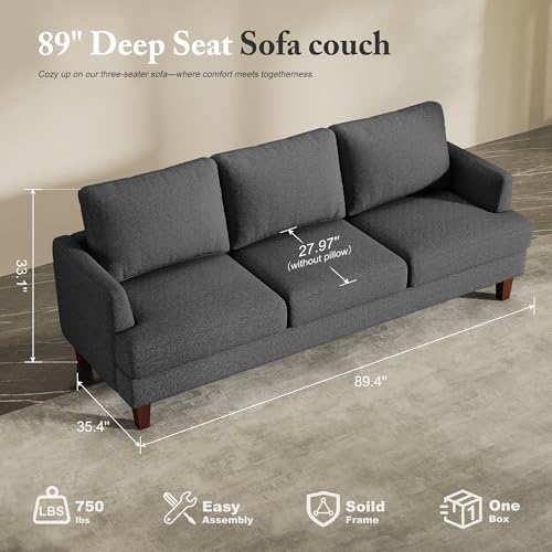 Image of Busaurus 3 Seater Sofa Couch with Deep Seats, 89 inch Mid Century Modern Upholstered Sofa with Armrests, Comfy Couches for Living Room, Bedroom, Apartment and Office (Dark Grey)
