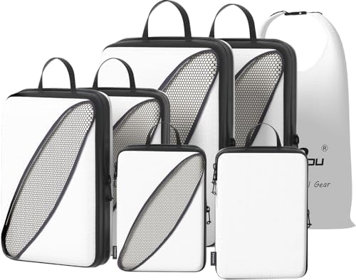 Extra Large Compression Packing Cubes for Suitcases, Fancyou 7 Set Travel Organizer Cubes for Carry On Suitcase Organizer Bags Set Travel Essentials, Expandable Luggage Bags Travel Accessories(White)