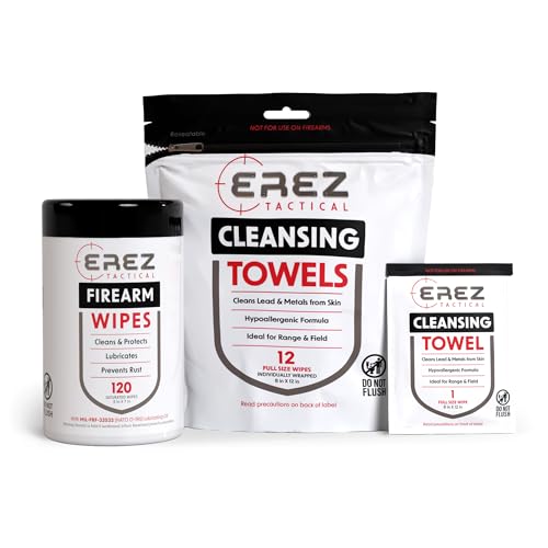 Erez Tactical Gun Kit - Get (1) 12ct of XL Hypoallergenic Cleansing Towels, Removes Lead & Metal Dust from Skin & (1) Canister of 120ct Gun Cleaning Wipes, CLP - Clean, Lubricate, Protect