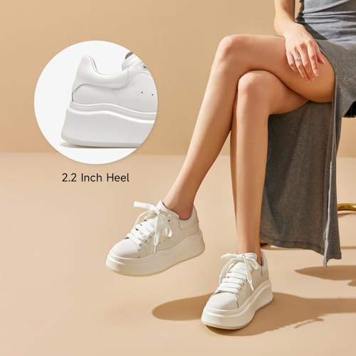 BEAU TODAY Platform White Sneakers for Women, Womens Leather Casual Tennis Shoes, Chunky Fashion Cute Comfortable Lace-up Slip-on Dress Sneakers4