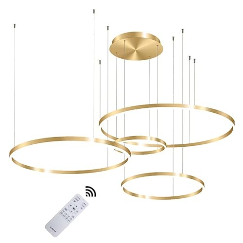 Wandun Moderna lampada a sospensione a LED, 4 anelli collezione di vernice oro, applique a sospensione a luce regolabile Lampadario a soffitto moderno, dimmerabile con telecomando 3000K-6000K - 68W (