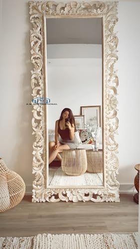 Image of Wooden Mirror Frame for Wall Decoration | 6x3 Feet Wall Mount | Solid Mango Wood | Handcrafted Carved Frame | White Distress Finish | Rectangular | Without Mirror