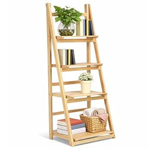 4 Tier Wooden Ladder Shelf Unit – Folding Standing Shelving Unit for Bathroom, Bedroom & Balcony – Narrow Plant Stand, Bookcase & Storage Rack – 42 x 35 x 113 cm