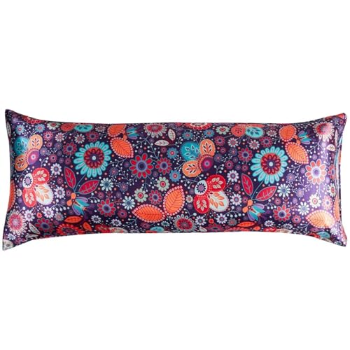 LCBD Floral Printed Satin Body Pillow Case, 20x54 Cooling Long Pillow Cover