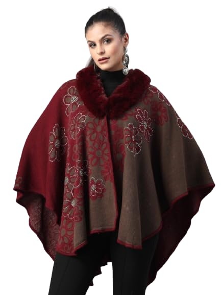 mafadeny Shawl Collar Floral Embroidered Poncho with Faux Fur Trim-picture-22